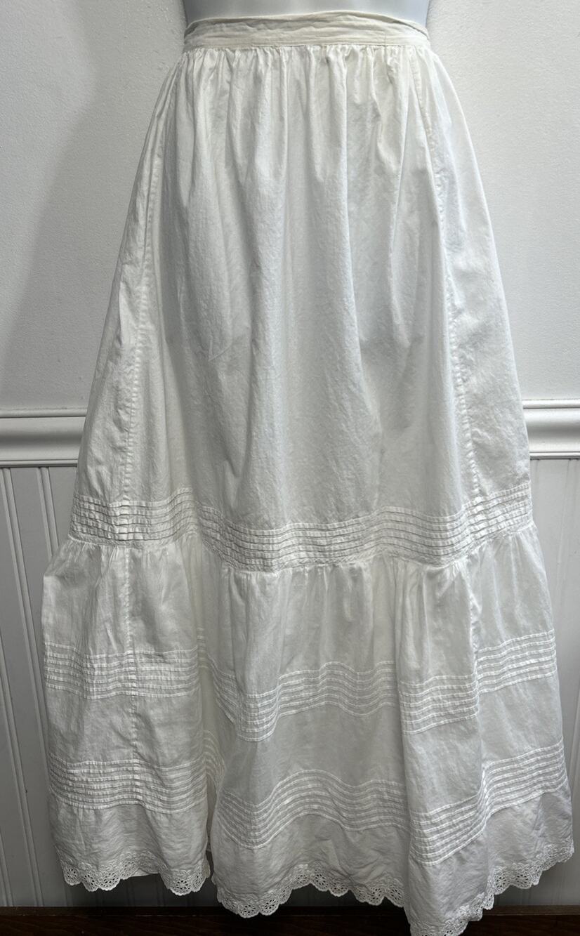 Antique Edwardian White Cotton Ruffle Long Lawn Tea Skirt Petticoat Prairie XS
